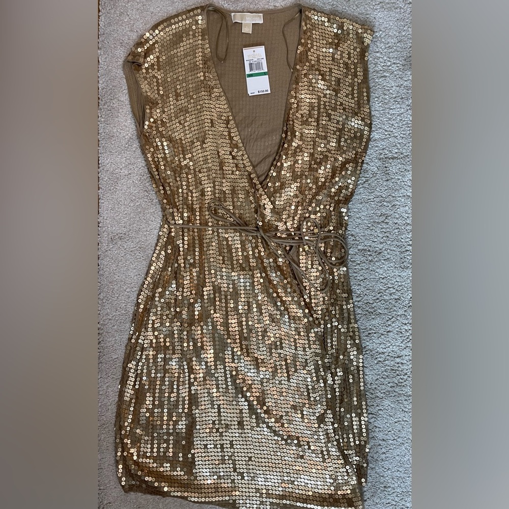 MICHAEL KORS Gold Sequin Wrap Dress